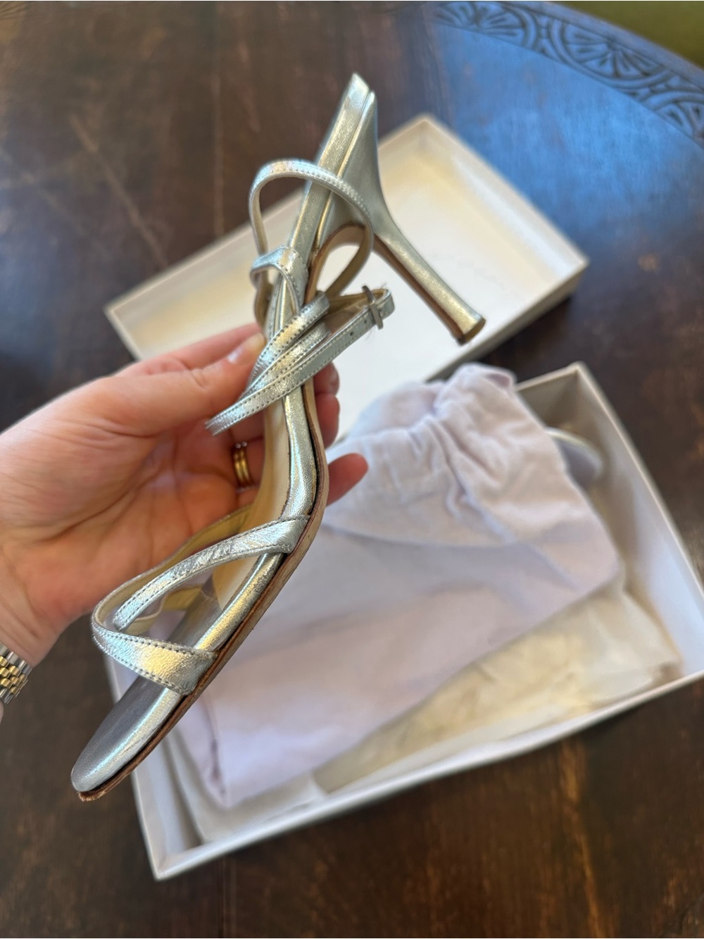 Jimmy Choo Silver Strappy High Heel Sandals - Elegant Women's Evening Shoes